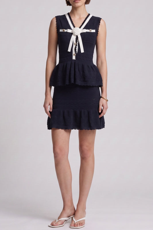 Navy Hollow Knit Peplum Top & Ruffle Skirt Two Piece Set