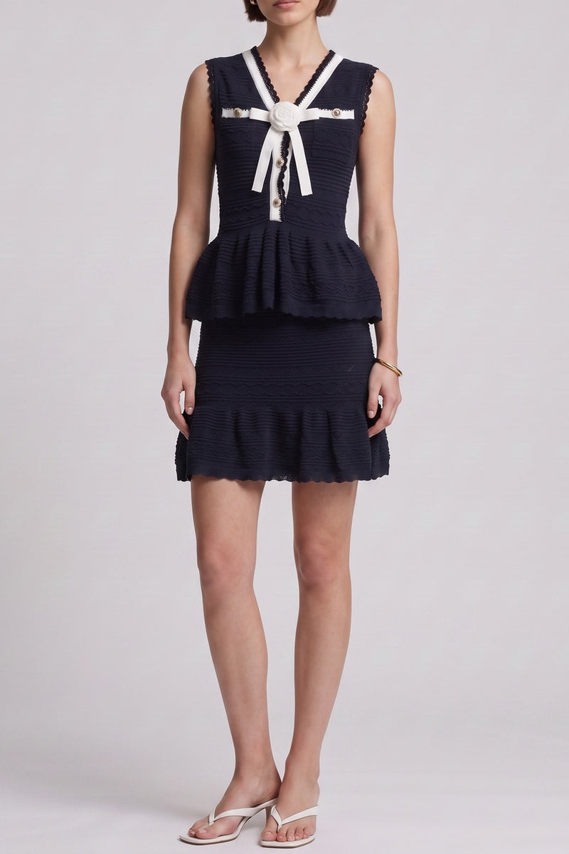 Navy Hollow Knit Peplum Top & Ruffle Skirt Two Piece Set