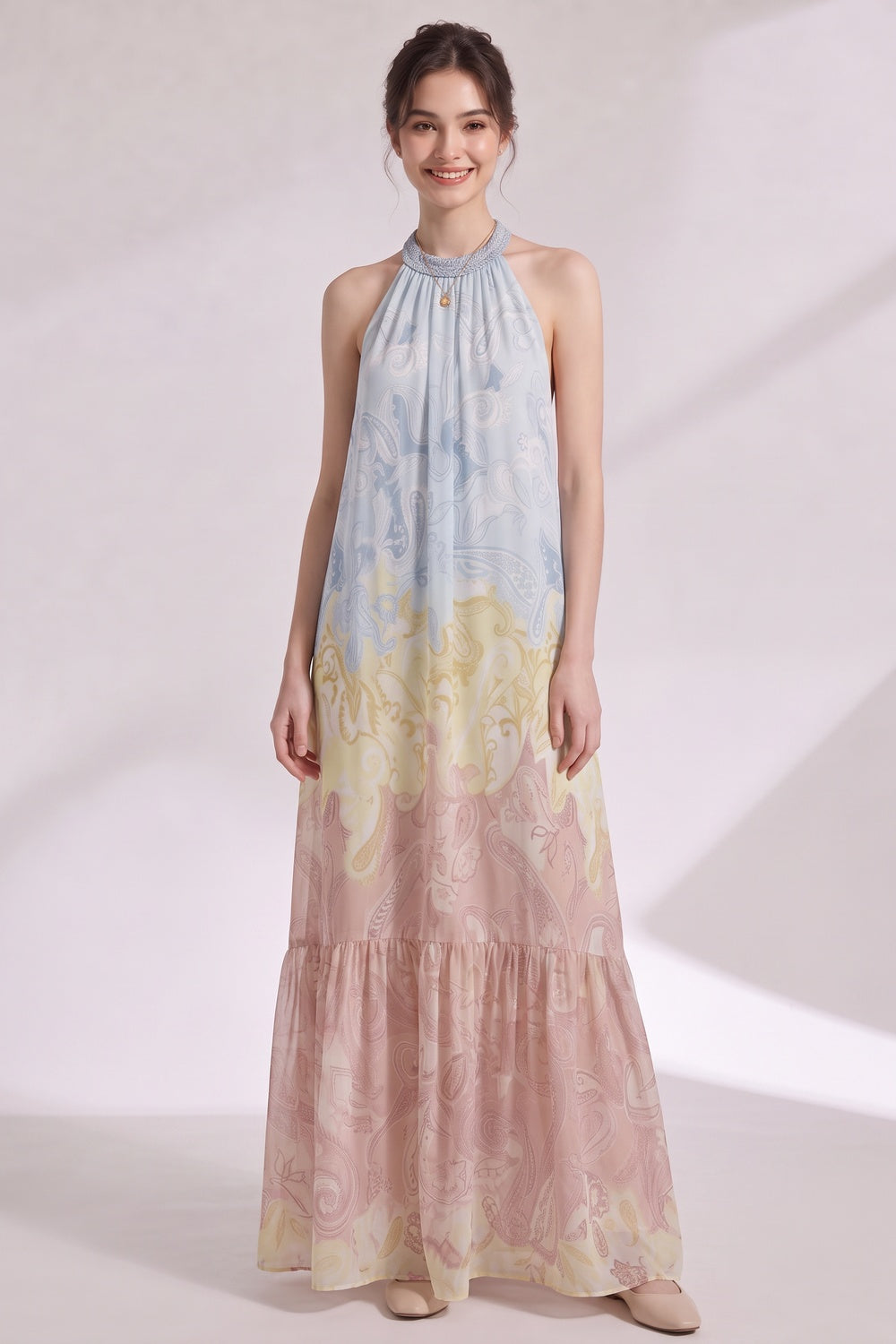 Pastel Ombré Chiffon Halter Tiered Maxi Dress pastel blue, pastel yellow, dusty rose pink chiffon dress - product view 4