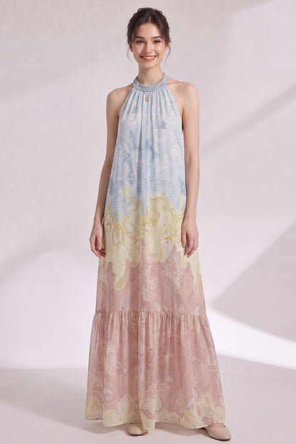Pastel Ombré Chiffon Halter Tiered Maxi Dress pastel blue, pastel yellow, dusty rose pink chiffon dress - product view 4