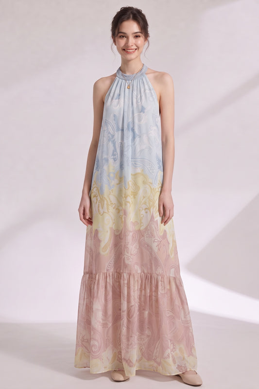Pastel Ombré Chiffon Halter Tiered Maxi Dress pastel blue, pastel yellow, dusty rose pink chiffon dress - product view 4