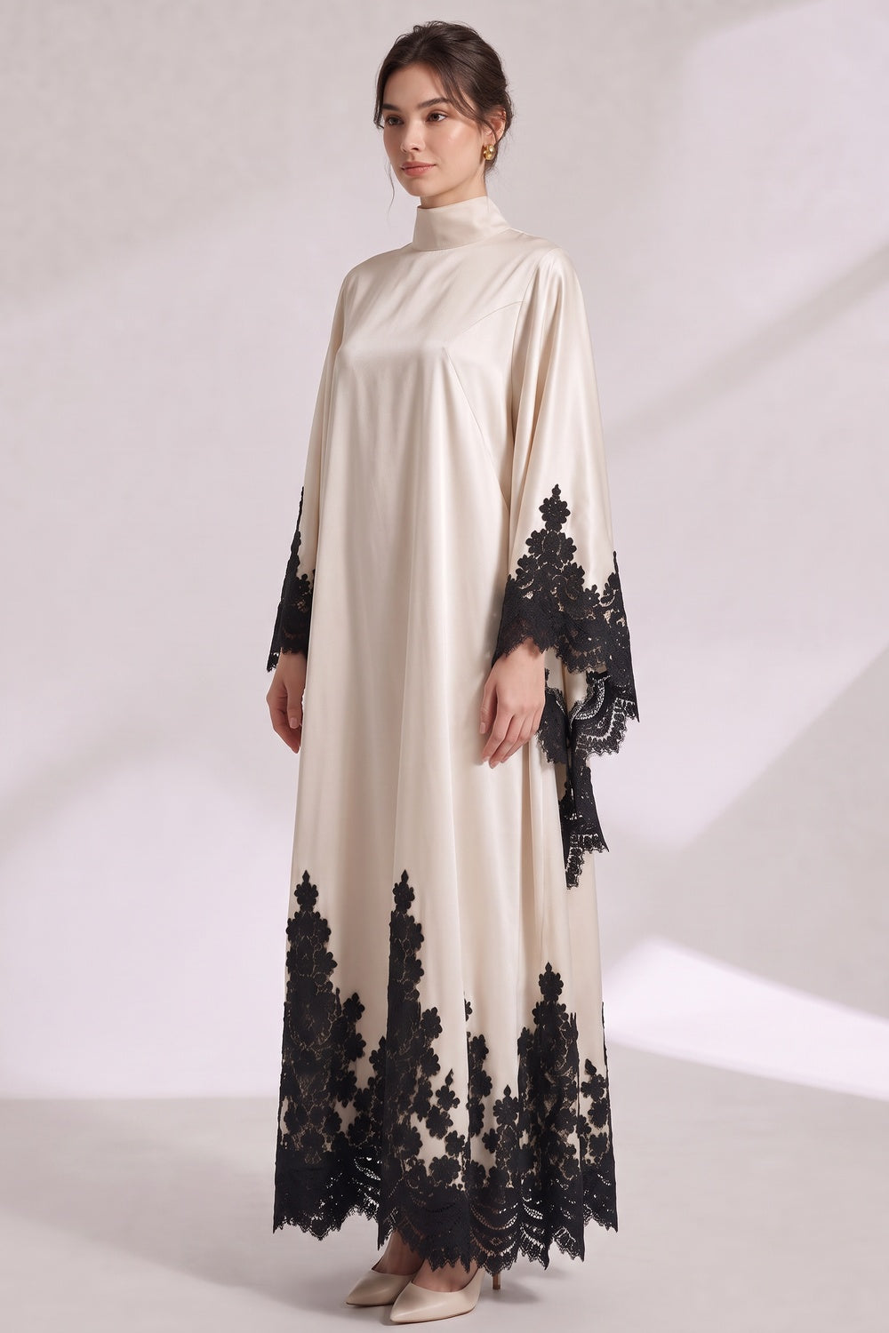 Cream Satin Oversized Flowing A-Line Kaftan Gown cream satin kaftan gown - product view 3