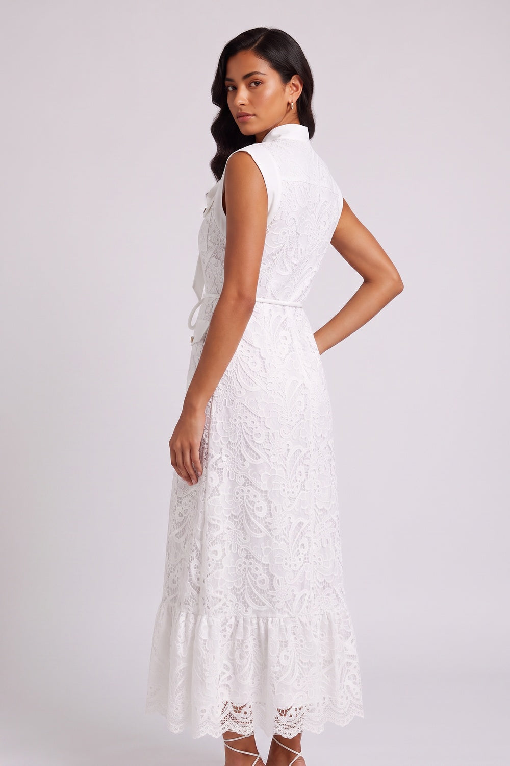 White Sleeveless Tie Neck Cargo Pocket Lace Midi Shirt Dress