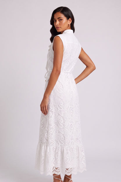 White Sleeveless Tie Neck Cargo Pocket Lace Midi Shirt Dress