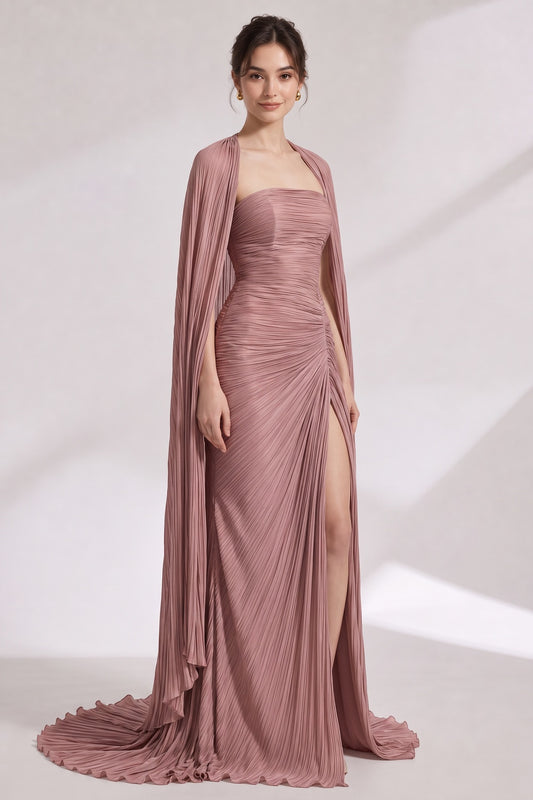 Dusty Rose Plissé Chiffon Strapless Gown with Draped Cape and Train dusty rose plissé chiffon strapless gown with matching draped cape - product view 1