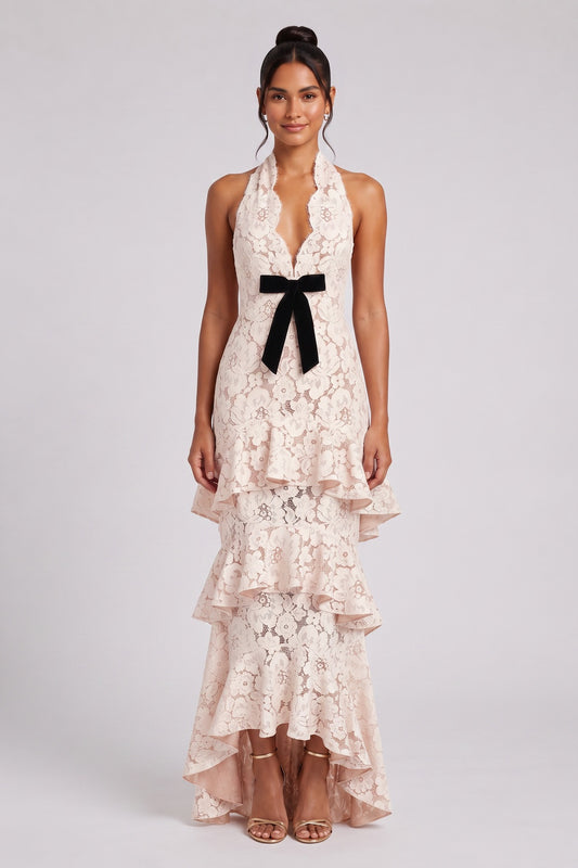 Pale Pink Floral Lace Tiered Halter Gown pale pink floral lace gown - product view 1