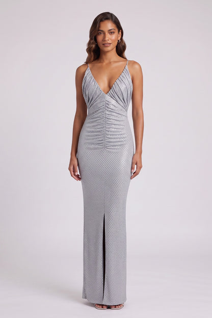 silver metallic knit column evening gown silver, light grey metallic knit evening gown - product view 1