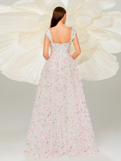 Appliqued Pink Camisole Floral Tulle Dress