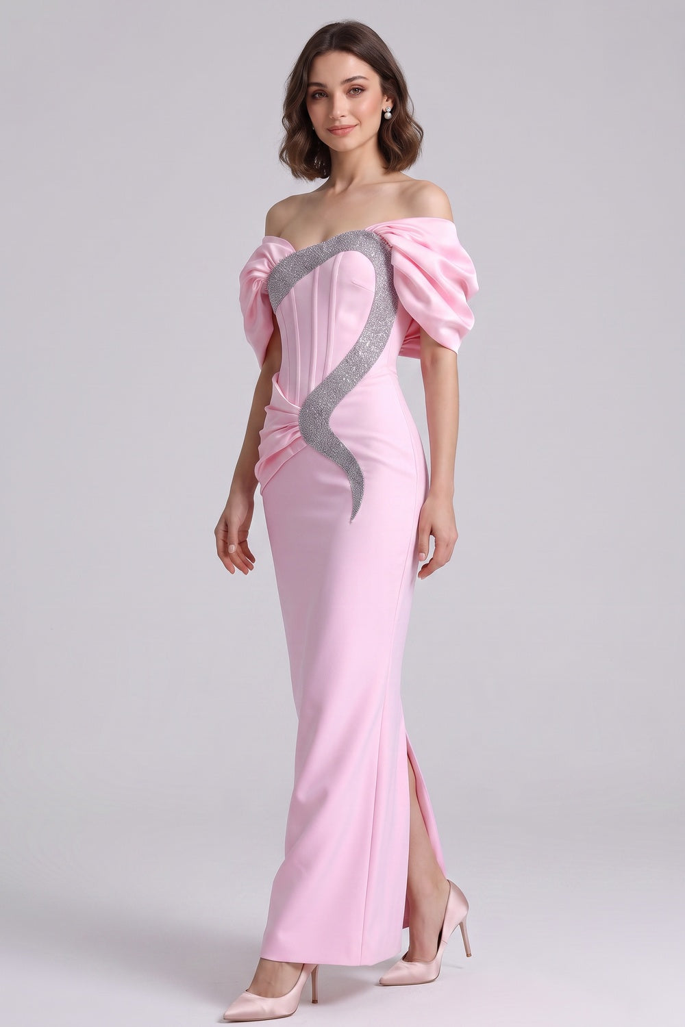 Light Pink Satin-Crepe Column Gown with Silver Sparkly Trim light pink satin-crepe gown - product view 2