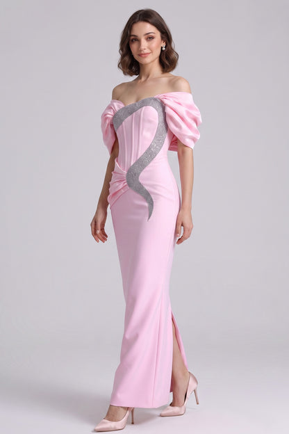 Light Pink Satin-Crepe Column Gown with Silver Sparkly Trim light pink satin-crepe gown - product view 2
