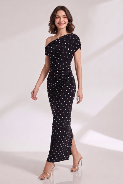 Black Polka Dot One-Shoulder Maxi Dress black stretch jersey dress - product view 2