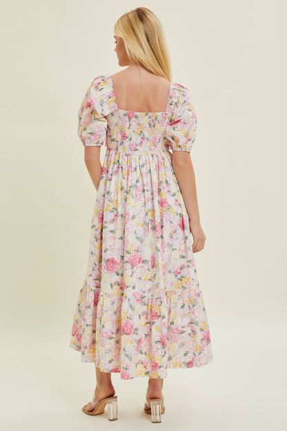 Pleated Bodice Floral Midi Dress