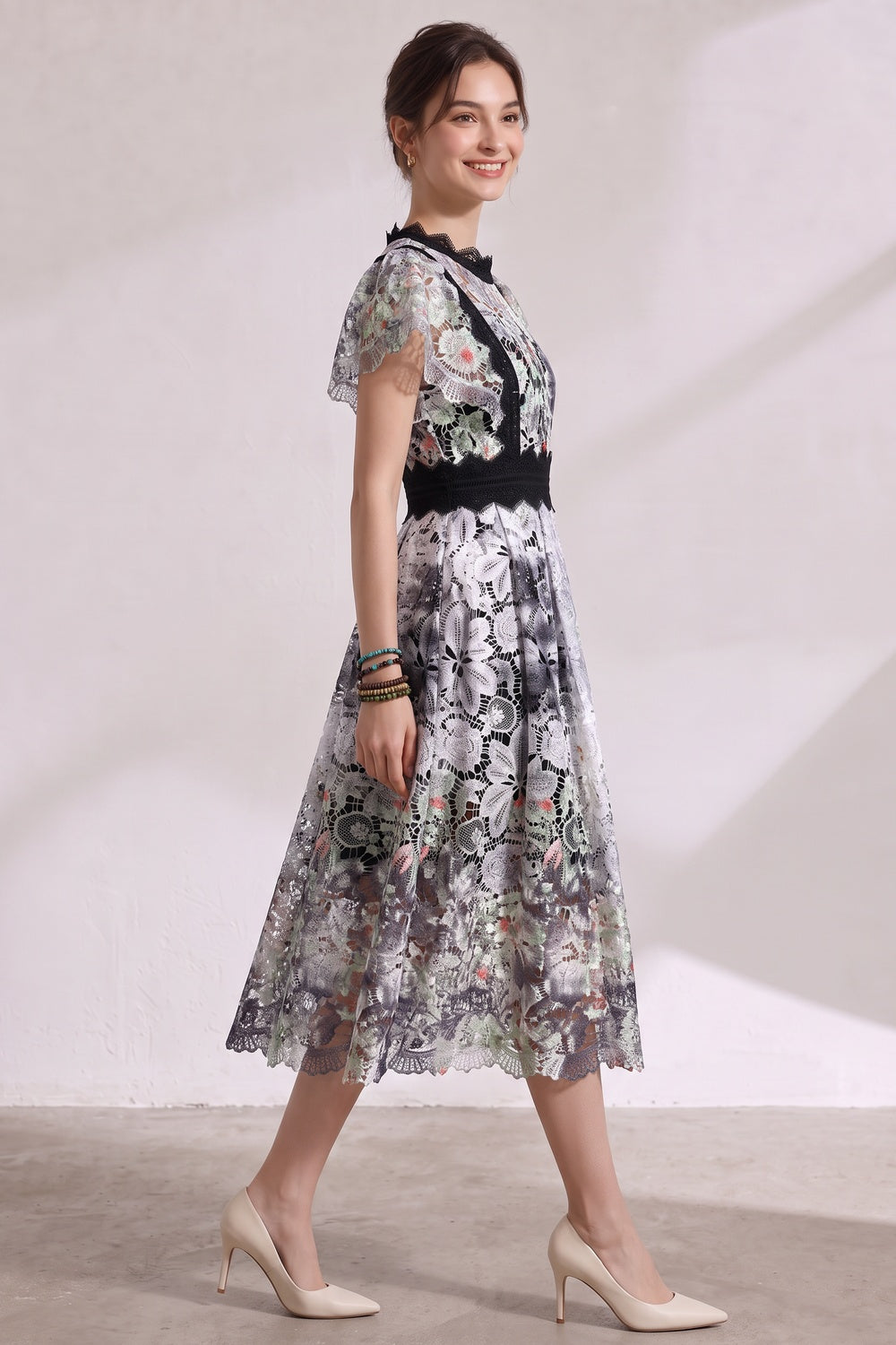 White Embroidered Guipure Lace Fit-and-Flare Midi Dress white, black, grey embroidered guipure lace dress - product view 3