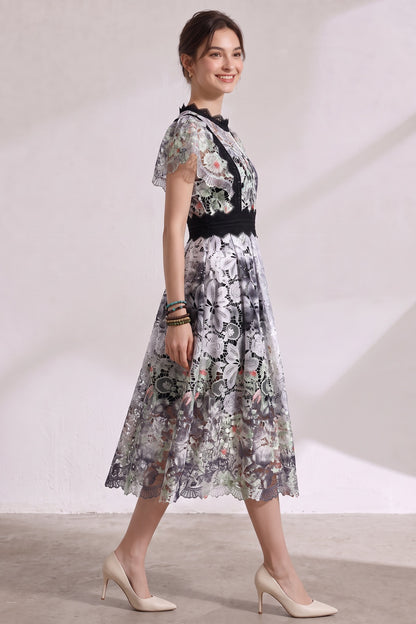 White Embroidered Guipure Lace Fit-and-Flare Midi Dress white, black, grey embroidered guipure lace dress - product view 3