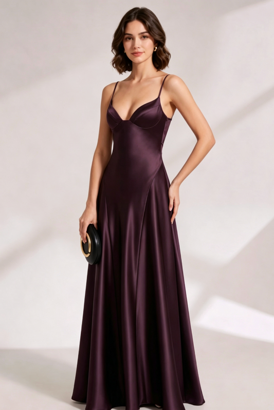 deep plum satin A-line evening gown