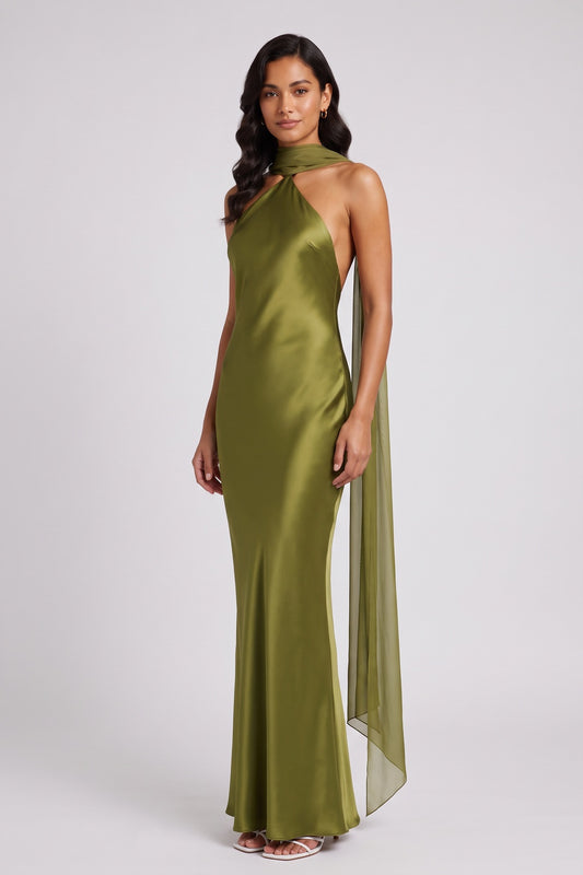 olive green satin column evening gown olive green satin evening gown - product view 1