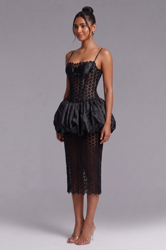 Black Satin Corset-Style Dress with Bubble Peplum and Sheer Lace Midi Skirt black satin dress - product view 2