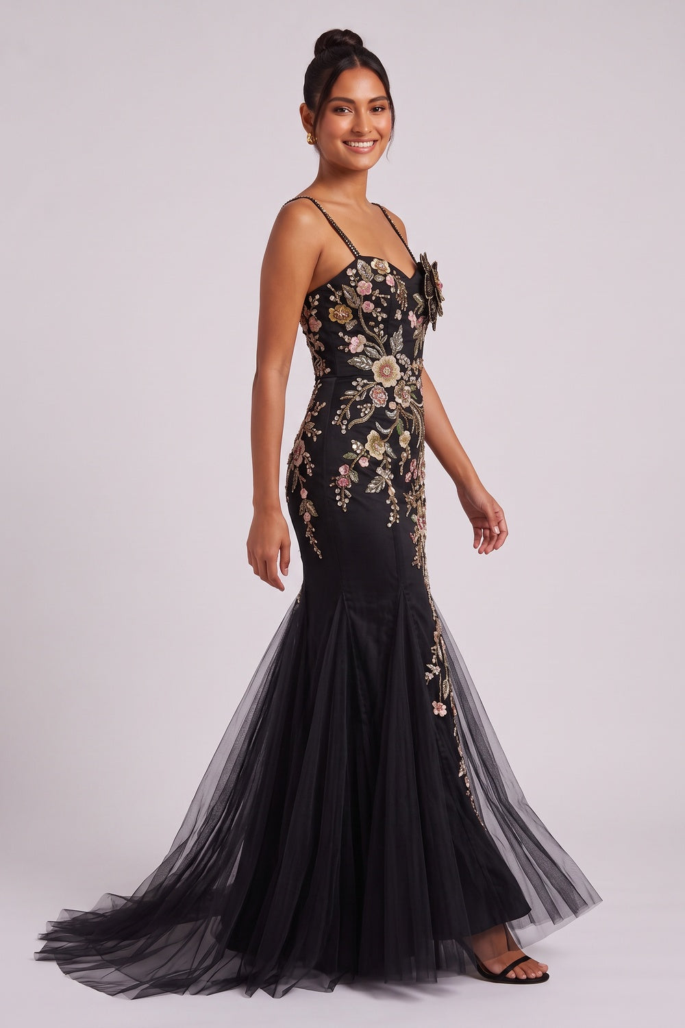 Black Tulle Mermaid Gown with Floral Beadwork black tulle gown - product view 3