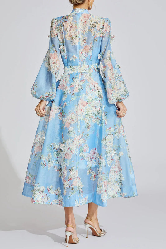 tiffany pale blue floral Printed puff sleeve Maxi Dress