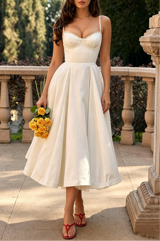 Ivory Satin-Crepe Fit-and-Flare Midi Dress