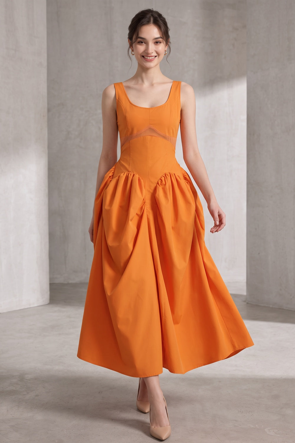 Bright Orange Fit-and-Flare Balloon Skirt Midi Dress bright orange cotton poplin or structured taffeta dress - product view 1
