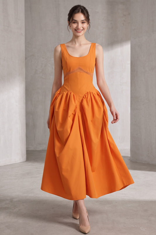Bright Orange Fit-and-Flare Balloon Skirt Midi Dress bright orange cotton poplin or structured taffeta dress - product view 1