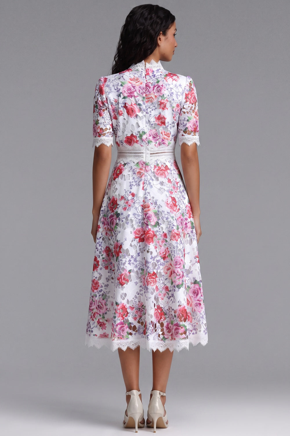 White Guipure Lace Floral Midi Dress white guipure lace dress - product view 5