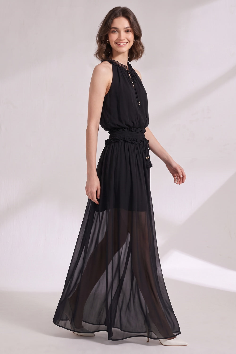 Black Chiffon A-Line Blouson Maxi Dress black chiffon maxi dress - product view 3