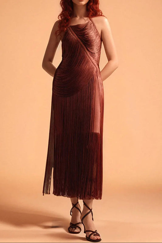nicola pleated halter fringe maxi dress in brown