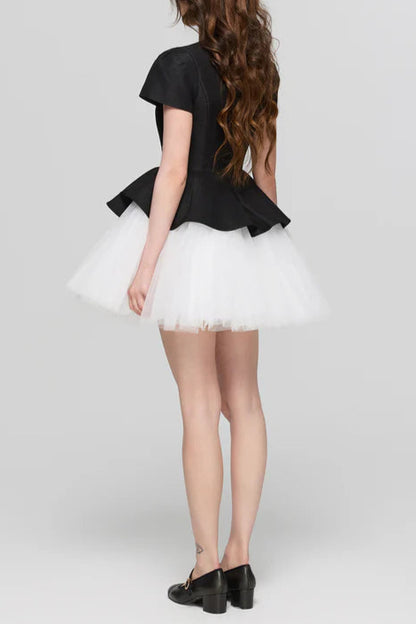 two-tone Velvet ruffle hem puffy mini dress