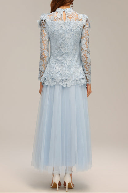 yvette blue Long Sleeve Folds Lace Butterfly Top And Skirt Two-Piece Set