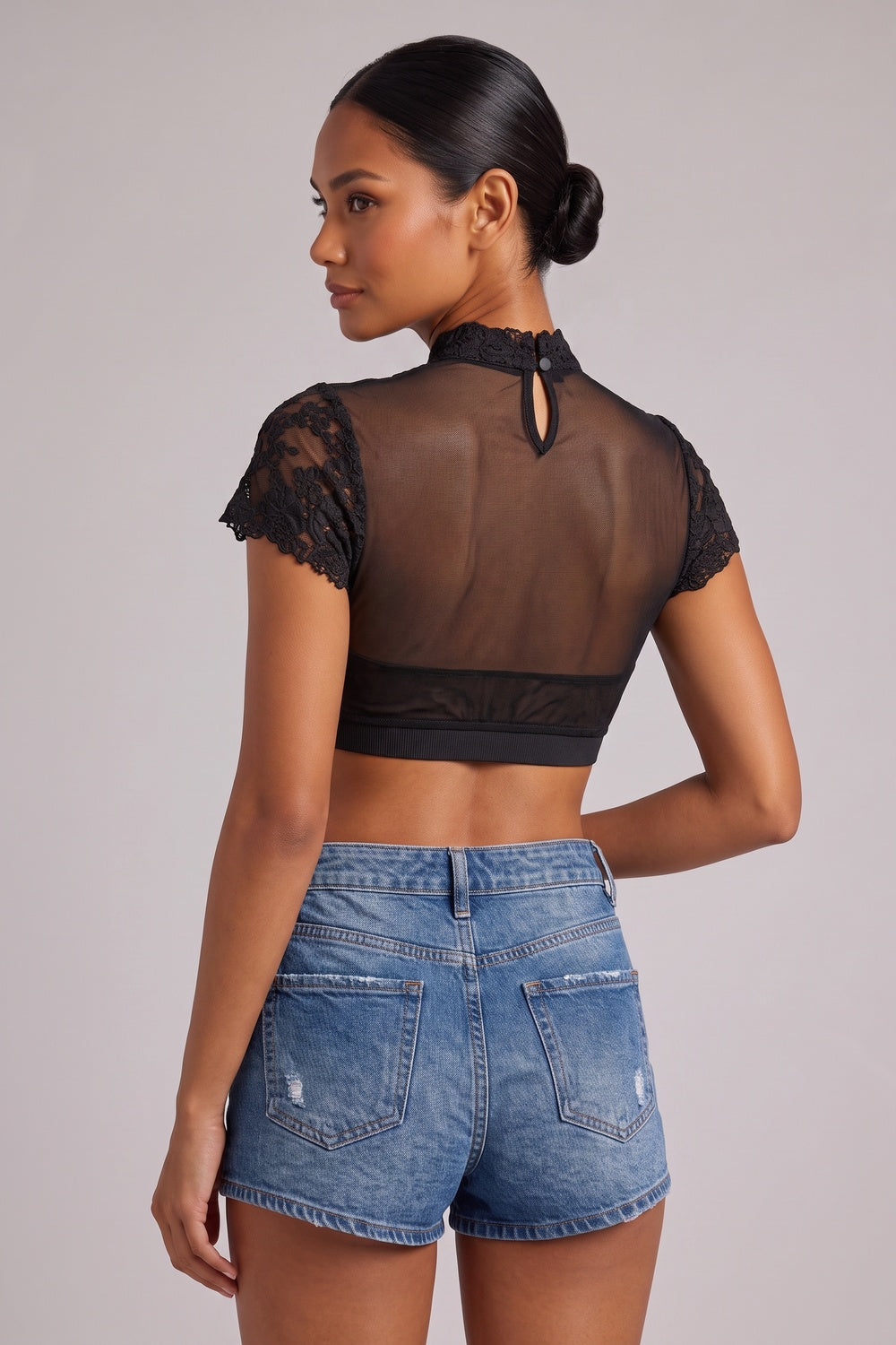 black floral lace fitted crop top black floral lace crop top - product view 5