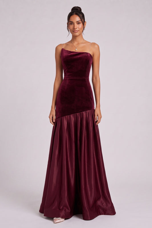 Burgundy Velvet Asymmetrical Drop-Waist A-Line Gown burgundy velvet gown - product view 3