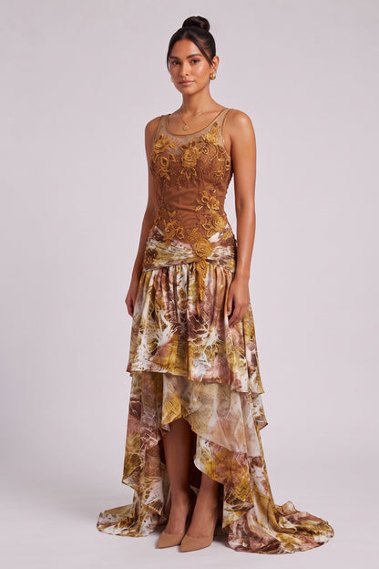 Brown Silk Blend Asymmetric Tiered Gown Dress brown, gold, ochre silk blend dress - product view 2