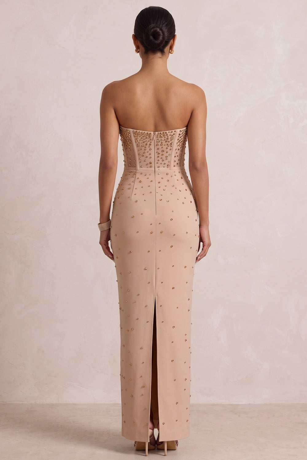 Beige Strapless Studded Maxi Gown Premium Fabric - product view 3