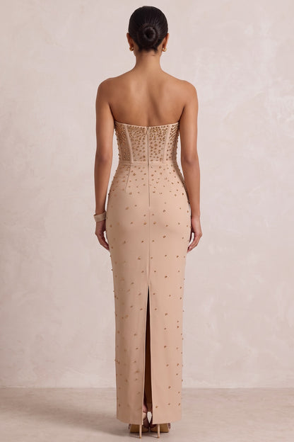 Beige Strapless Studded Maxi Gown Premium Fabric - product view 3