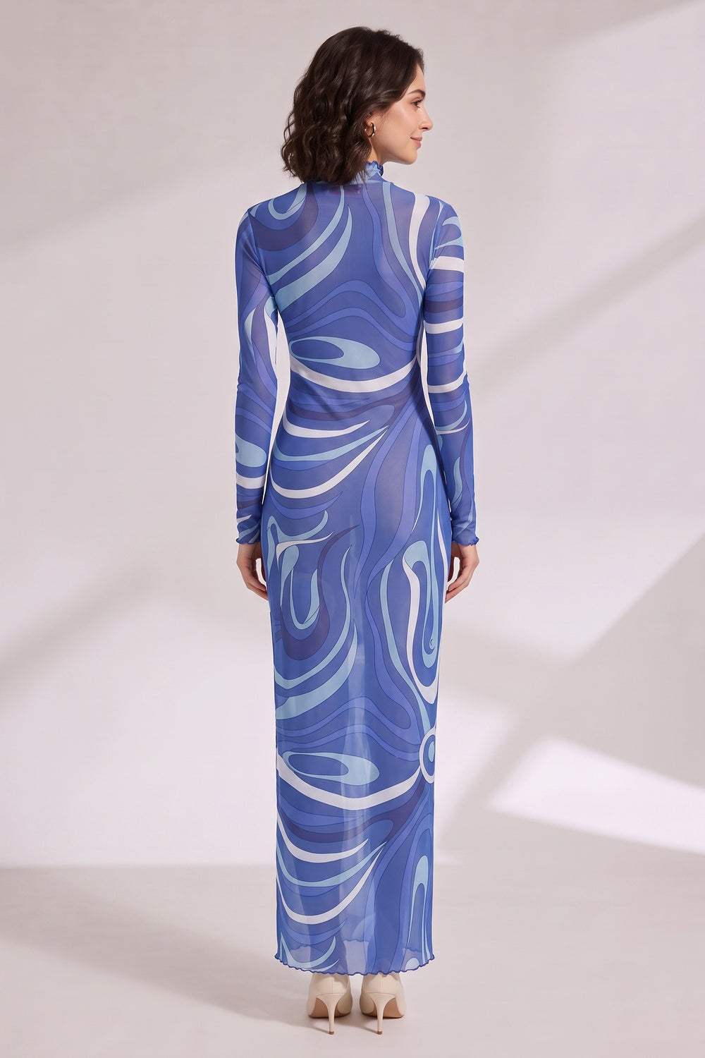 Blue Abstract Print Long Sleeve Maxi Dress Premium Fabric - product view 4