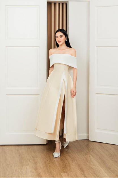 Dakota Slit Off-Shoulder Taffeta Midi Dress