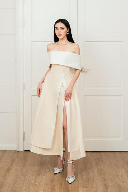 Dakota Slit Off-Shoulder Taffeta Midi Dress