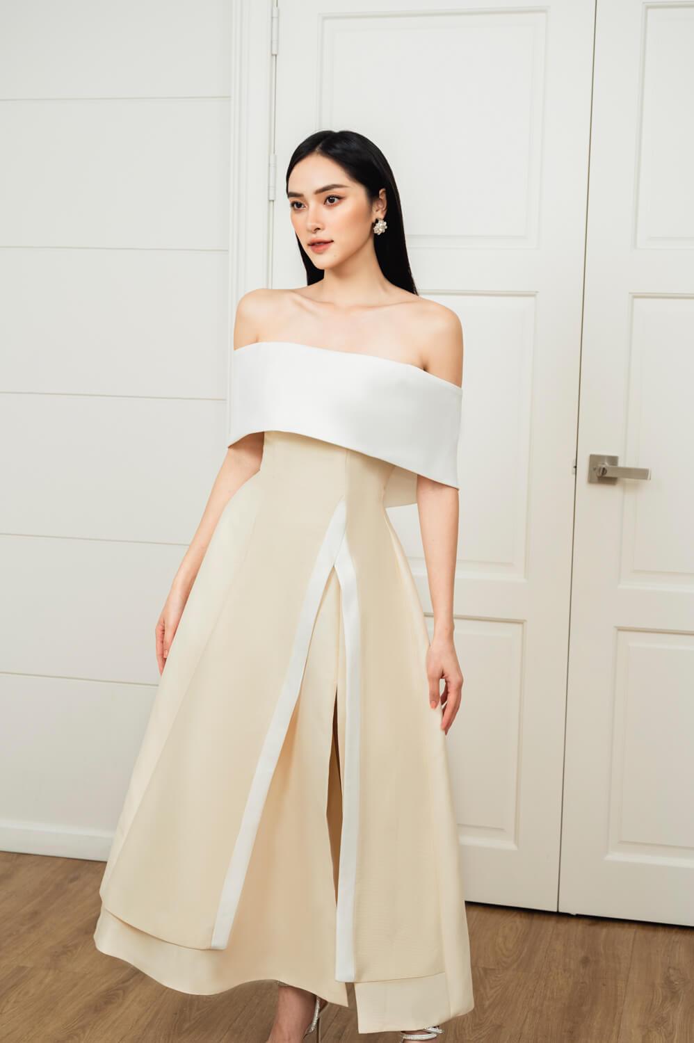 Dakota Slit Off-Shoulder Taffeta Midi Dress