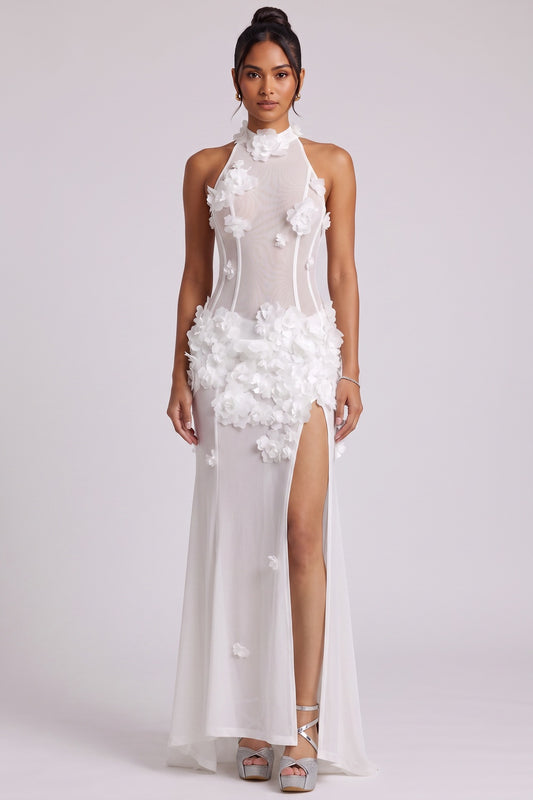 White Halter Maxi Dress with 3D Floral Embellishments Premium Fabric - product view 3