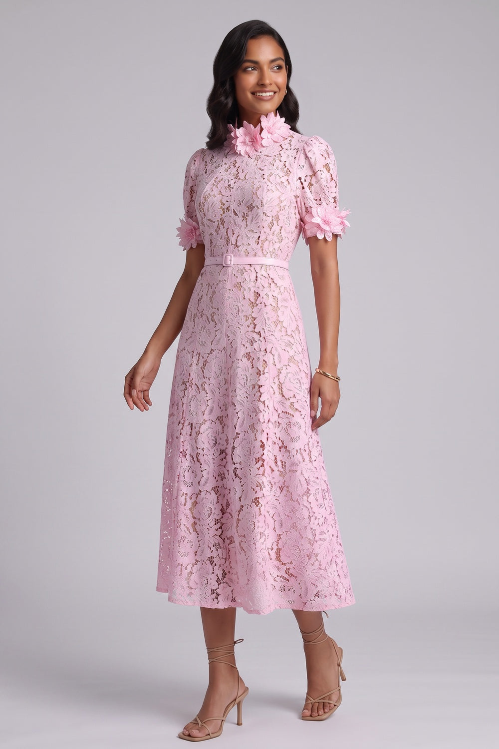 Pink Floral Lace A-Line Midi Dress pink floral lace dress - product view 1