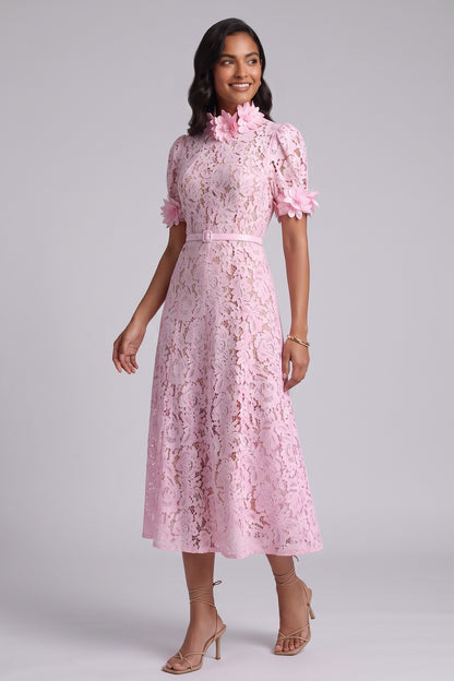 Pink Floral Lace A-Line Midi Dress pink floral lace dress - product view 1