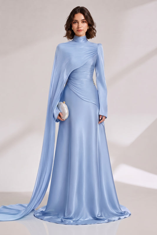 light blue satin A-line with train evening gown light blue satin evening gown - product view 1