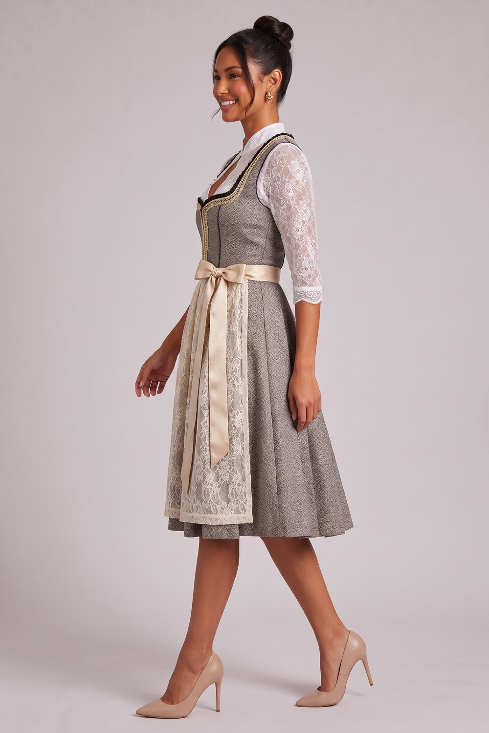 grey-brown melange textured woven jacquard fit-and-flare dirndl dress set grey-brown melange, cream-white textured woven jacquard dirndl dress set - product view 3