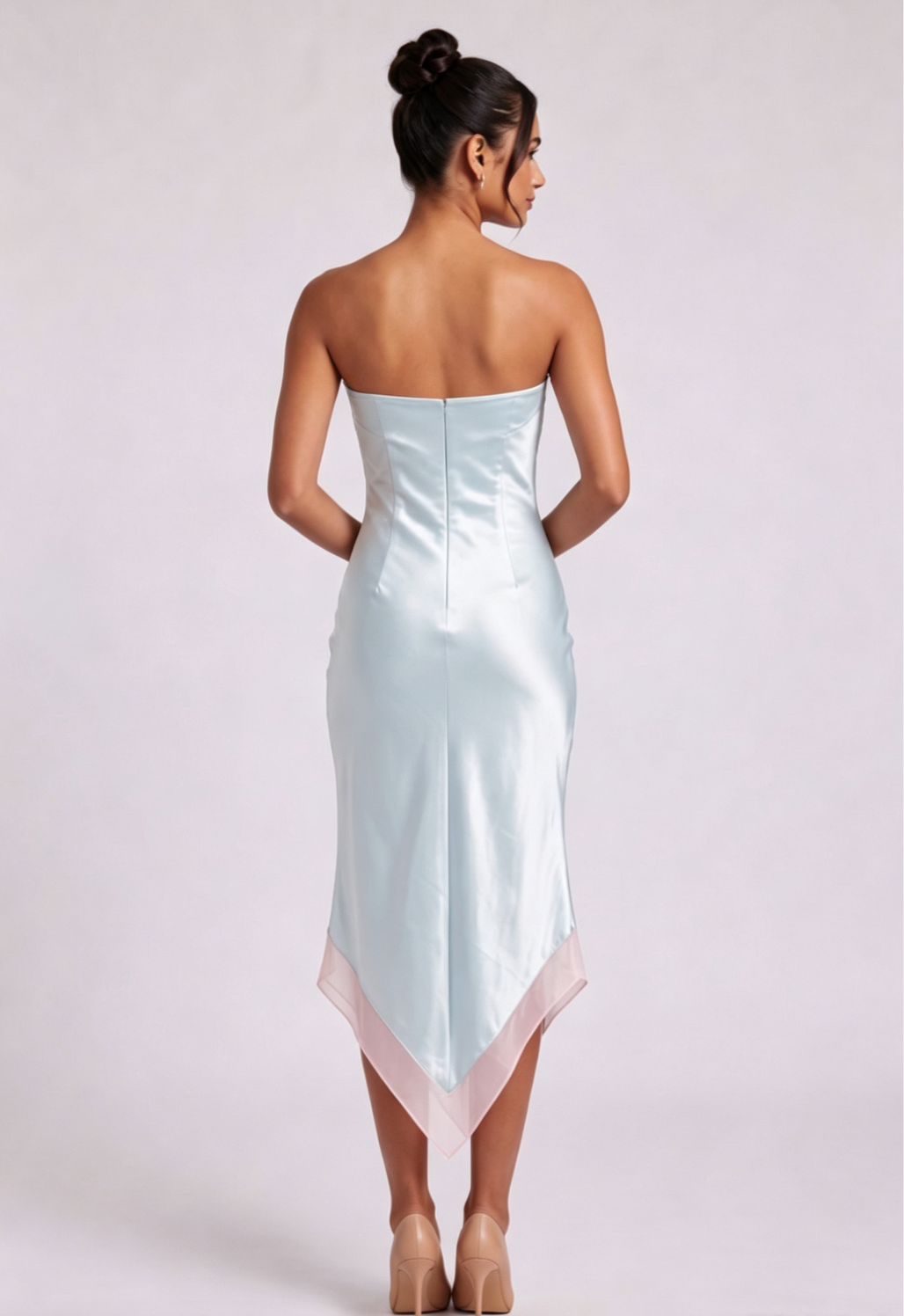 Pale Blue Satin Sheath Dress with Pink Lace Trim