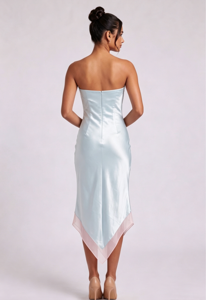Pale Blue Satin Sheath Dress with Pink Lace Trim