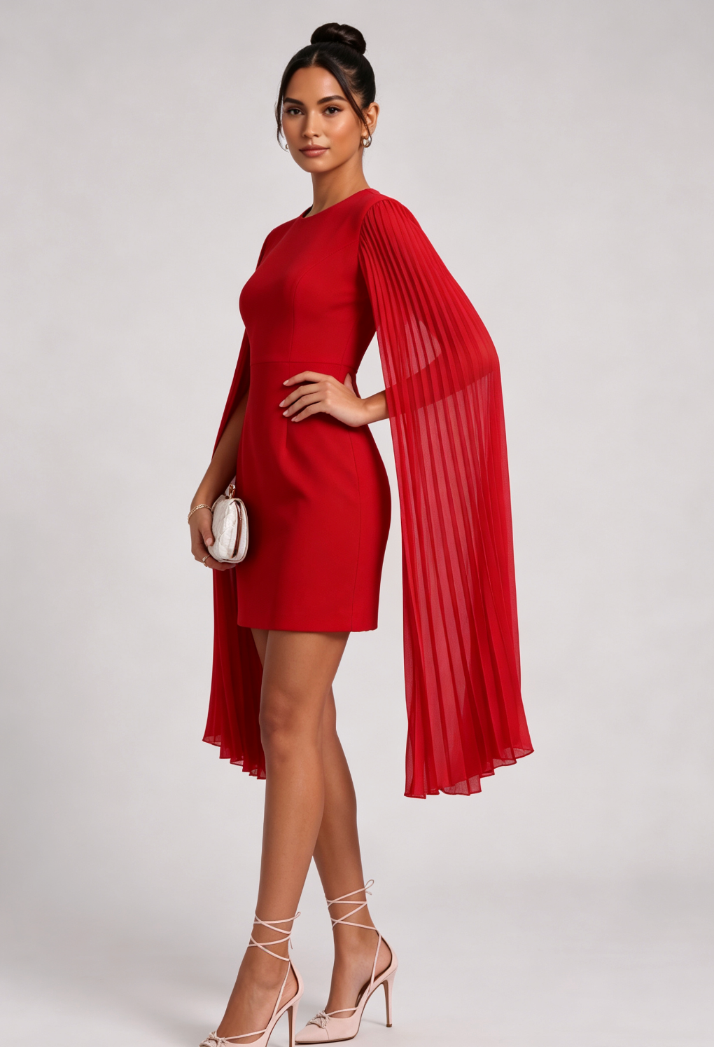Red Crepe Sheath Dress with Pleated Cape Sleeves