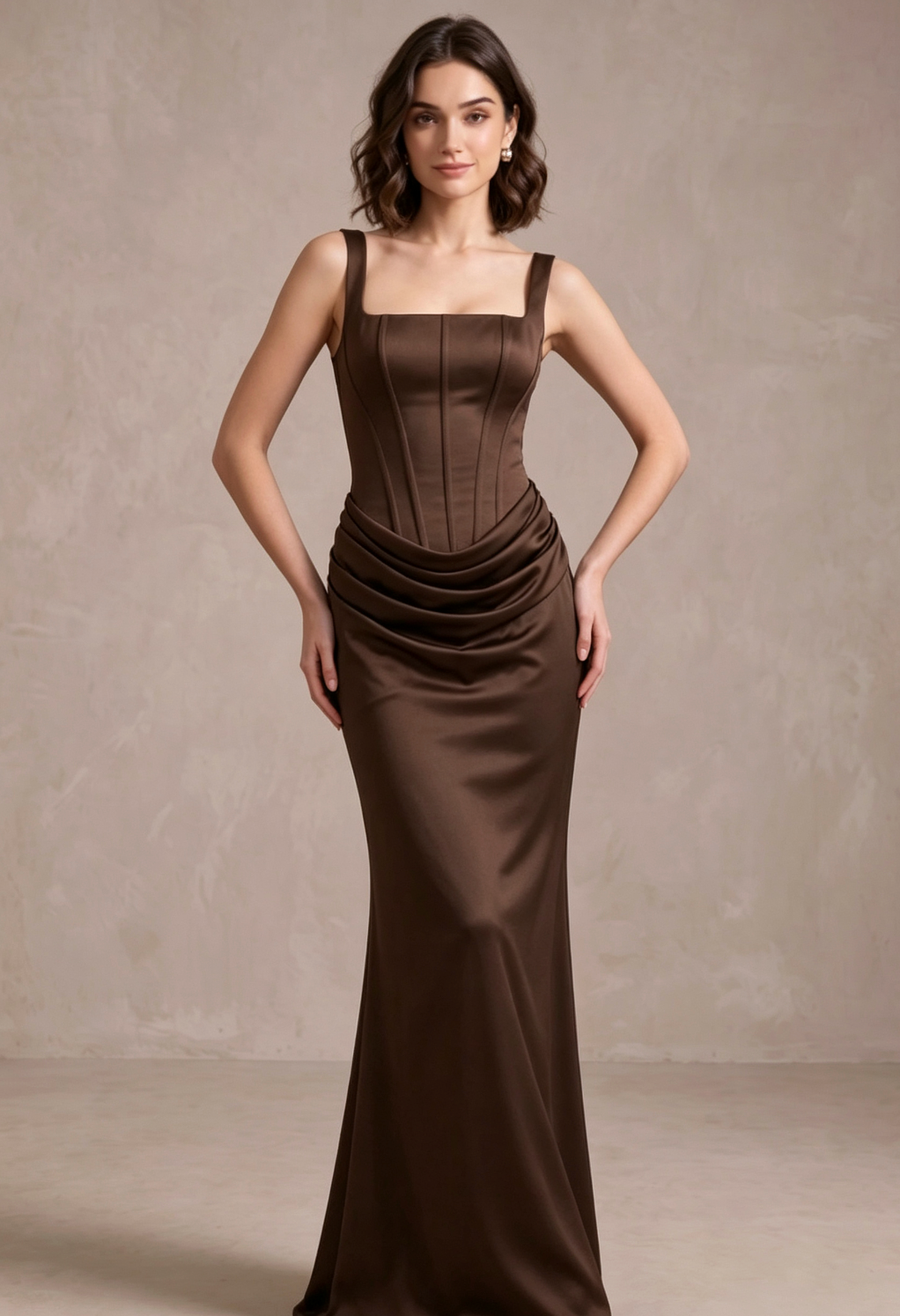 Dark Brown Satin Fitted Column Evening Gown with Draped Hip