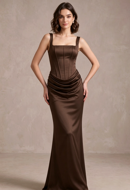 Dark Brown Satin Fitted Column Evening Gown with Draped Hip